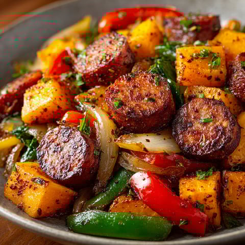 A bowl of Sweet Potato & Cajun Sausage Hash.