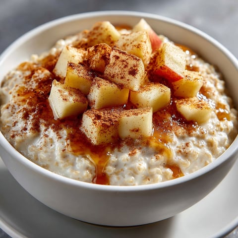 A bowl of oatmeal with apples and cinnamon.