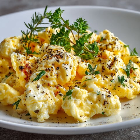 A plate of scrambled eggs with herbs and spices.