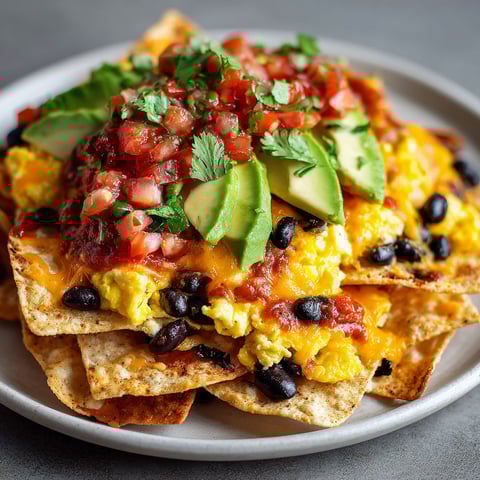 A plate of loaded breakfast nachos.