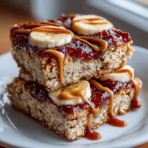 A stack of peanut butter and jelly baked oatmeal.