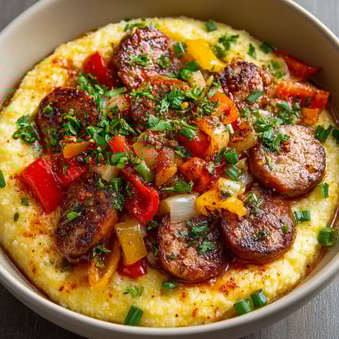 A bowl of grits with sausage and peppers.