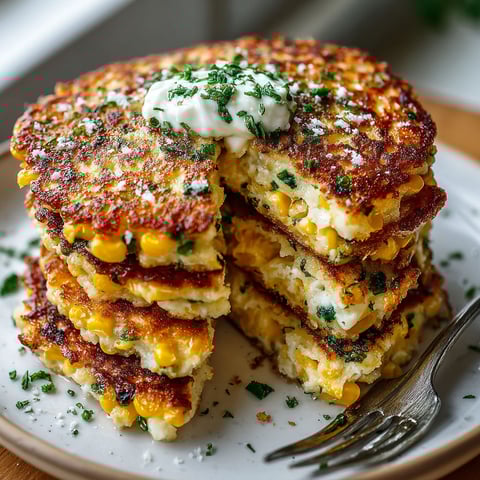 A stack of savory corn and feta pancakes.