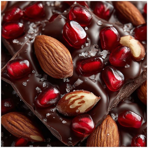 A close up of chocolate with nuts and pomegranate seeds.