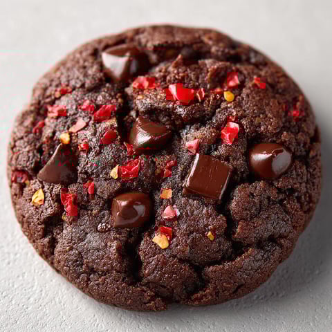 A chocolate cookie with red peppers on top.