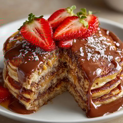 A plate of banana chocolate pancakes with chocolate drizzled on top.