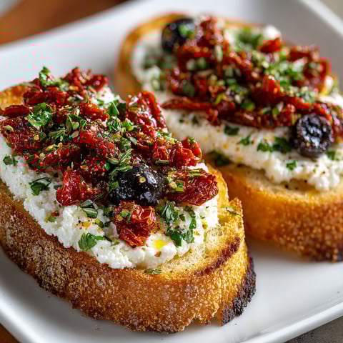 Two pieces of toast with sun-dried tomatoes and ricotta cheese.