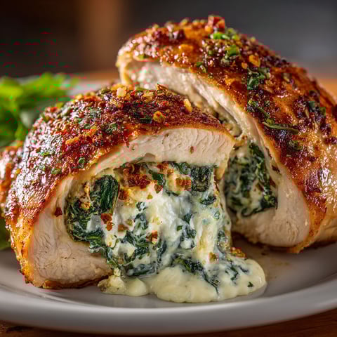 A plate of chicken with spinach and feta cheese.