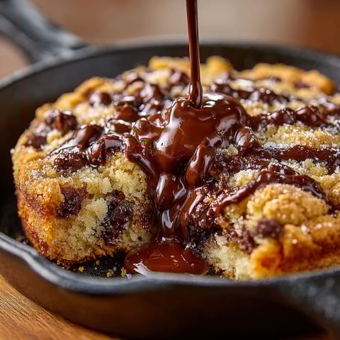 A skillet with chocolate chip cookies.