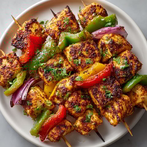 A plate of Cajun chicken skewers with peppers and onions.