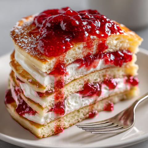 A stack of cream cheese and jam pancakes.