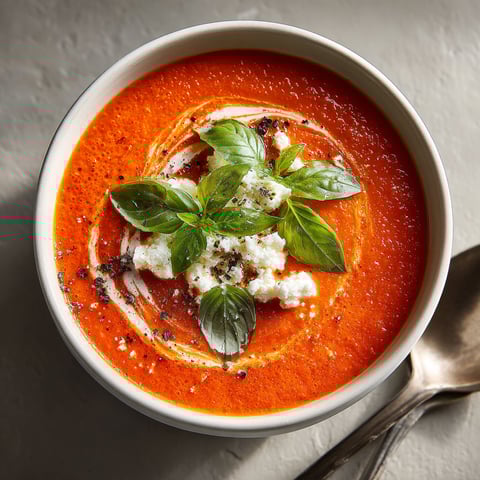 A bowl of red soup with feta and basil.