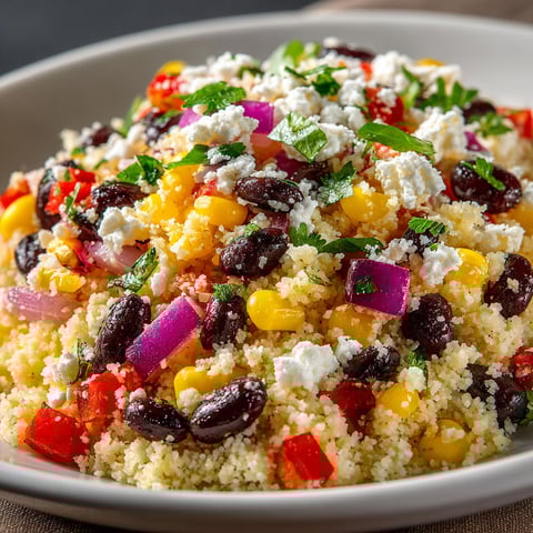 A white plate with a salad of black beans, corn, and feta.