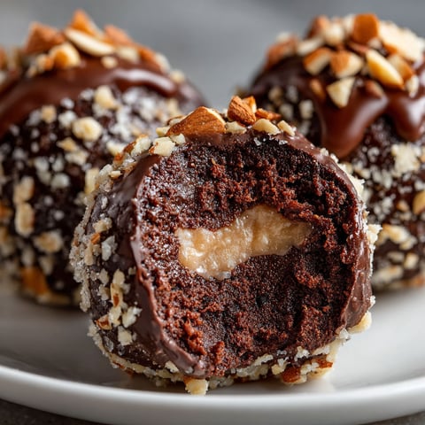 Three chocolate truffles with nuts on top.