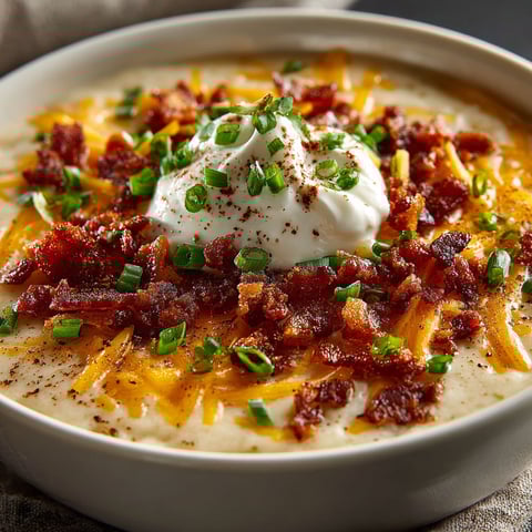A bowl of soup with bacon and cheese.