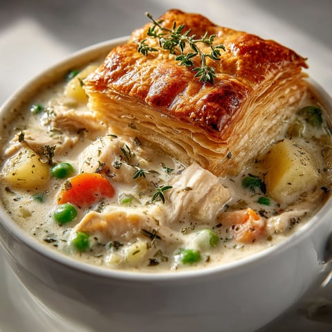 A bowl of soup with a piece of pie on top.