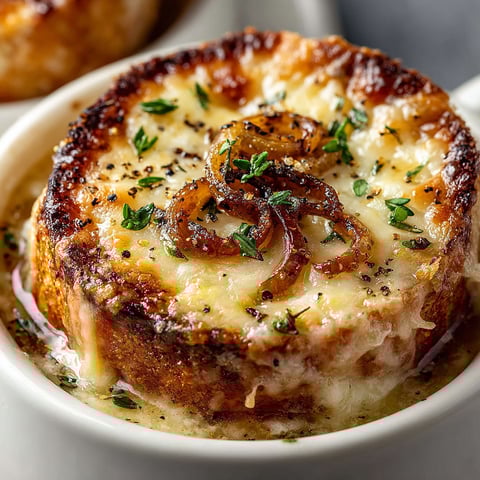 A bowl of French onion soup with croutons.