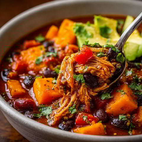 A bowl of chili with a spoon in it.