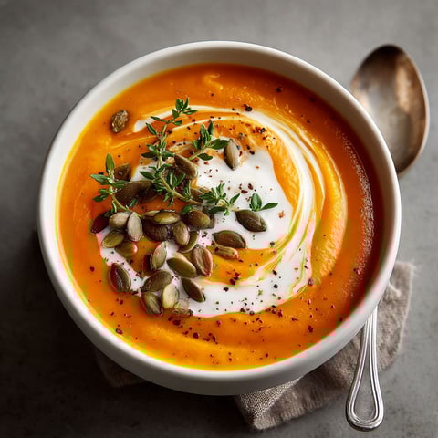 A bowl of soup with a spoon in it.