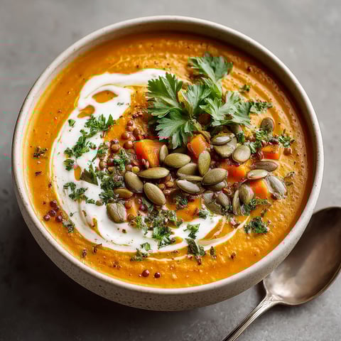 A bowl of pumpkin spice lentil soup with a spoon in it.