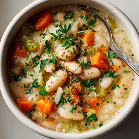 A bowl of soup with sage and rosemary.