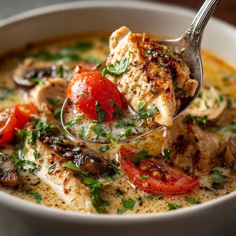 A spoon is in a bowl of soup.