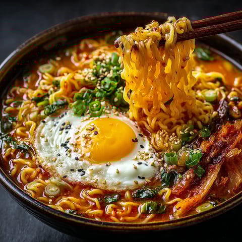 A bowl of soup with noodles, vegetables, and an egg.