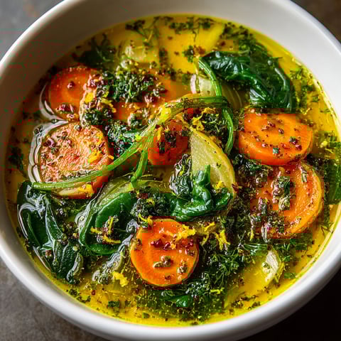 A bowl of soup with carrots, greens, and ginger.