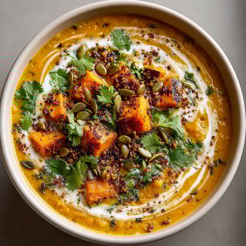 A bowl of spiced sweet potato and lentil soup.
