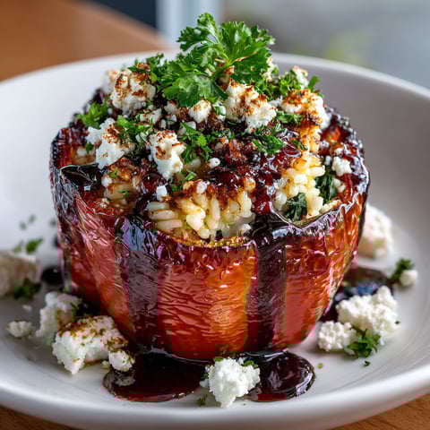 A plate of food with a stuffed pepper and orzo.