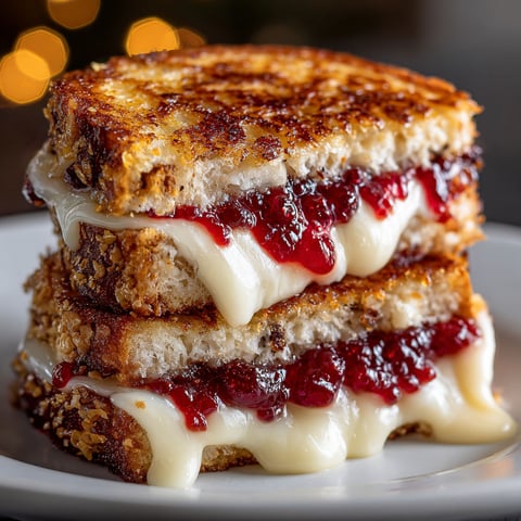 A stack of grilled cheese sandwiches with cherries and cranberries.