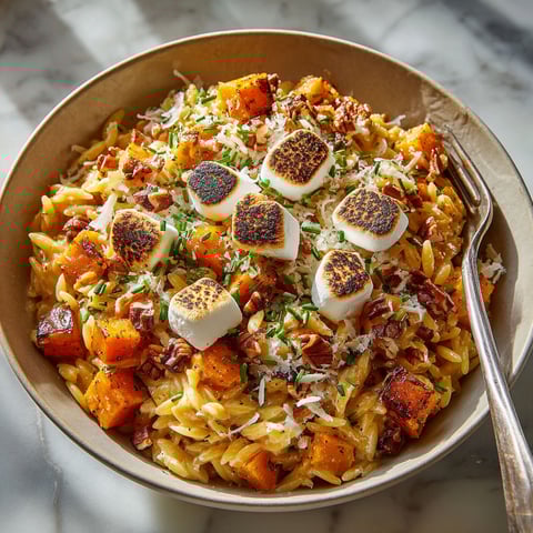 A bowl of food with marshmallows on top.