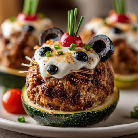 A plate of food with a stuffed zucchini boat and a rat cake.