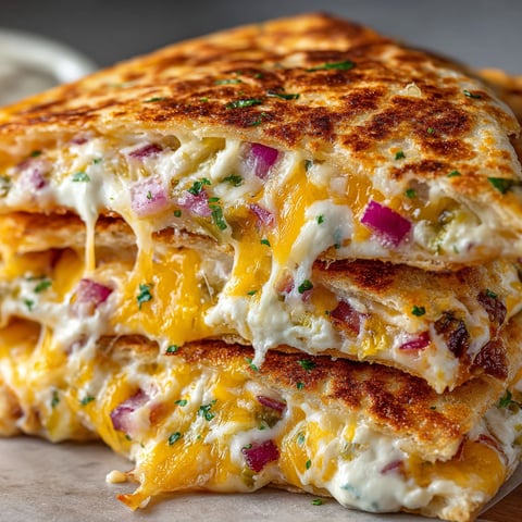 A grilled cheese quesadilla with pickle fix on top.