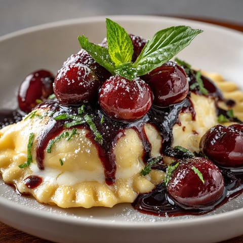 A plate of food with cherries on top.