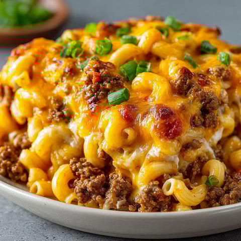 A delicious meal of macaroni and cheese with meat and vegetables.