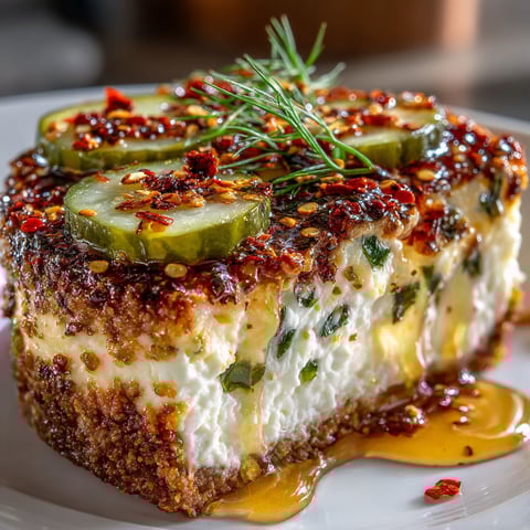 A slice of pizza with pickles and honey on top.
