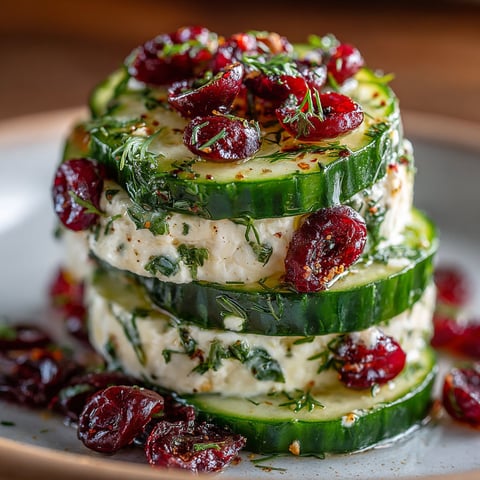 A stack of cucumber slices with cranberries on top.