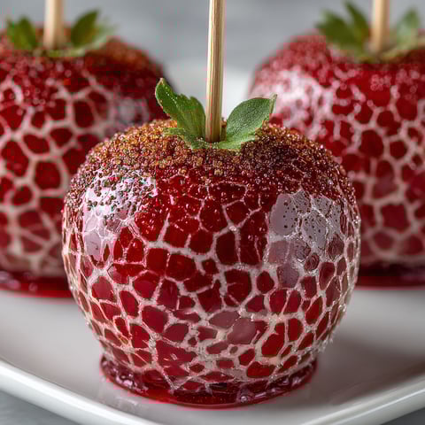 Three red and white candy apples with sticks in them.