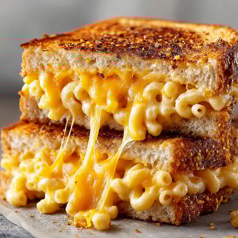 A grilled cheese sandwich with mac and cheese in the middle.