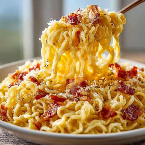 A bowl of noodles with bacon and cheese.