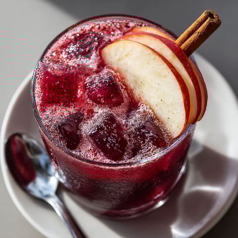 A glass of red drink with a slice of apple on top.