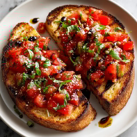 A slice of bread with tomatoes and basil on it.