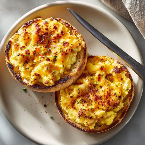 Two toasted English muffins with eggs and cheese.