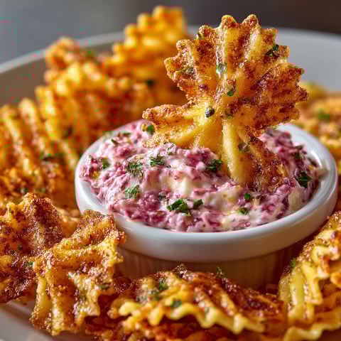 A bowl of pasta chips with a cranberry dip.
