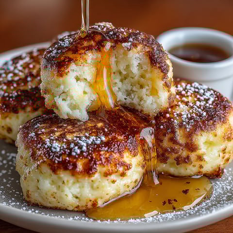 Scrambled pancake bites with syrup drizzled on top.