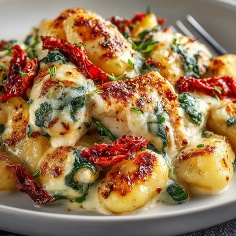 Creamy One-Pan Tuscan Chicken Gnocchi Bake bubbling in a golden skillet, ready to serve.