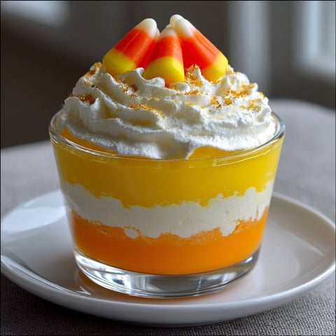 Candy Corn Jello Parfaits: Tri-layered dessert with yellow, orange gelatin and fluffy white topping.