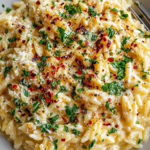 Creamy Garlic Parmesan Orzo: A close-up reveals perfectly cooked orzo bathed in rich sauce.