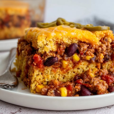 Golden and cheesy, the Chili Cheese Cornbread Bake bubbles in a 9x13 casserole dish.